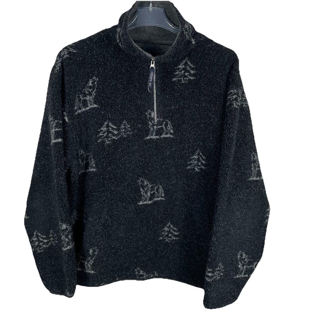 Vintage Chaps Ralph Lauren Fleece Men XL Charcoal Howling Wolf Pine Tree Y2K - Picture 1 of 11